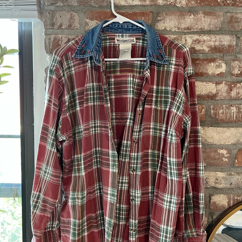 Westport Red and Green Plaid Shirt with Denim Collar